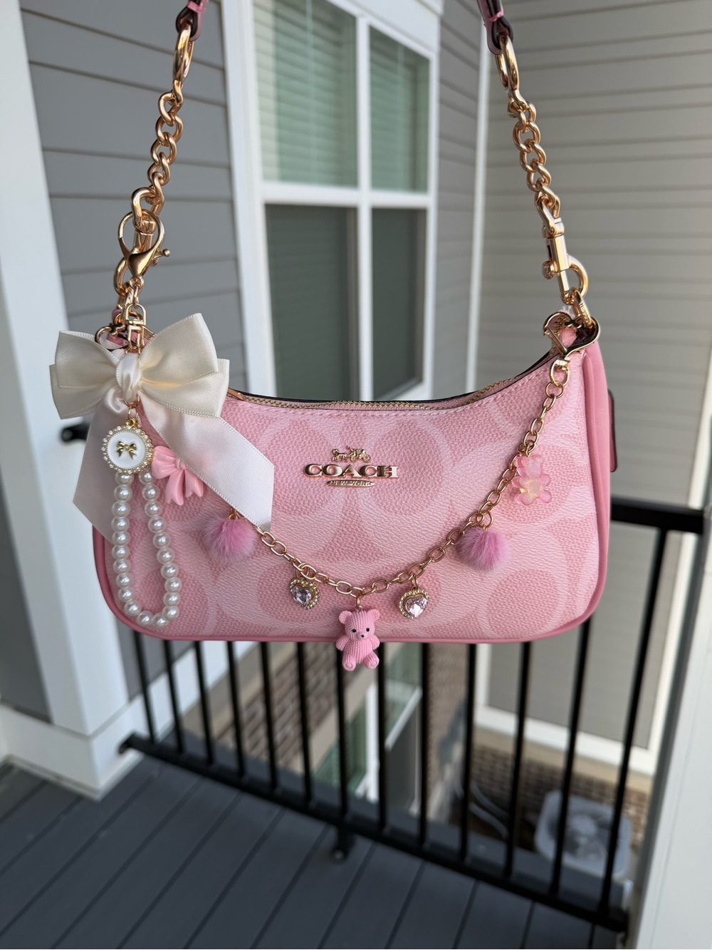 COACH Pink Signature Canvas Shoulder Bag with Charms
